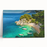 Black and white photo of a European coastal town on large stretched canvas, ideal for kitchen wall art.