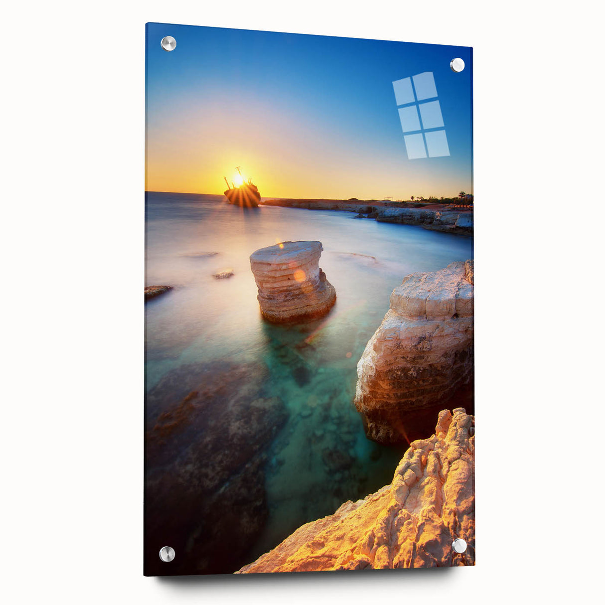 Large abstract wall art depicting a European Cyprus landscape in muted earth tones, printed on acrylic glass.