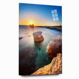 Large abstract wall art of a European Cyprus scenery in muted earth tones on acrylic glass.