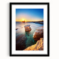 Extra large abstract art print of a colorful European scenery in Cyprus, with textured details on a black framed canvas.