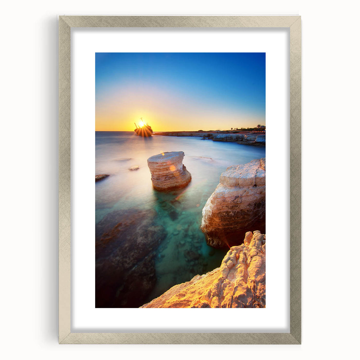 Extra large abstract art print of a textured European scenery in muted earth tones, framed in silver.