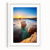 Textured abstract art print depicting a European Cyprus landscape in muted earth tones on a framed white matte canvas.