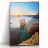 Art Deco-style poster of a European Cyprus landscape in gold and blue tones on framed acrylic.