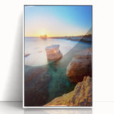 Mid-century modernist art depicting a European Cyprus landscape in muted earth tones, framed acrylic.