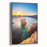 Framed canvas of a vintage-style landscape painting depicting a colorful European scenery, perfect for living room decor.