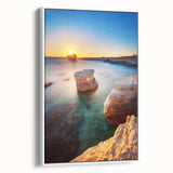 Vintage poster art of a European Cyprus landscape on framed canvas, featuring vibrant colors, ideal for living room decor.