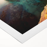 Art deco poster of a European Cyprus landscape in muted earth tones on rolled canvas, ideal for dining room wall art.