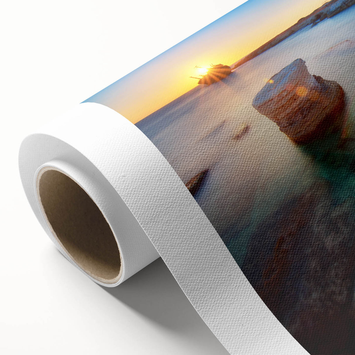 Art deco poster of a European Cyprus landscape in pastel shades on rolled canvas, ideal for nursery wall art.