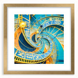 Abstract art print of Prague skyline in muted gold and blue tones on a framed canvas, suitable for dining room decor.