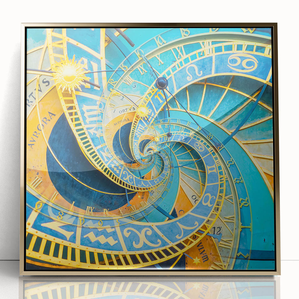 Art deco poster of Prague skyline in muted gold and blue tones, acrylic print framed, ideal for modern art wall decor.
