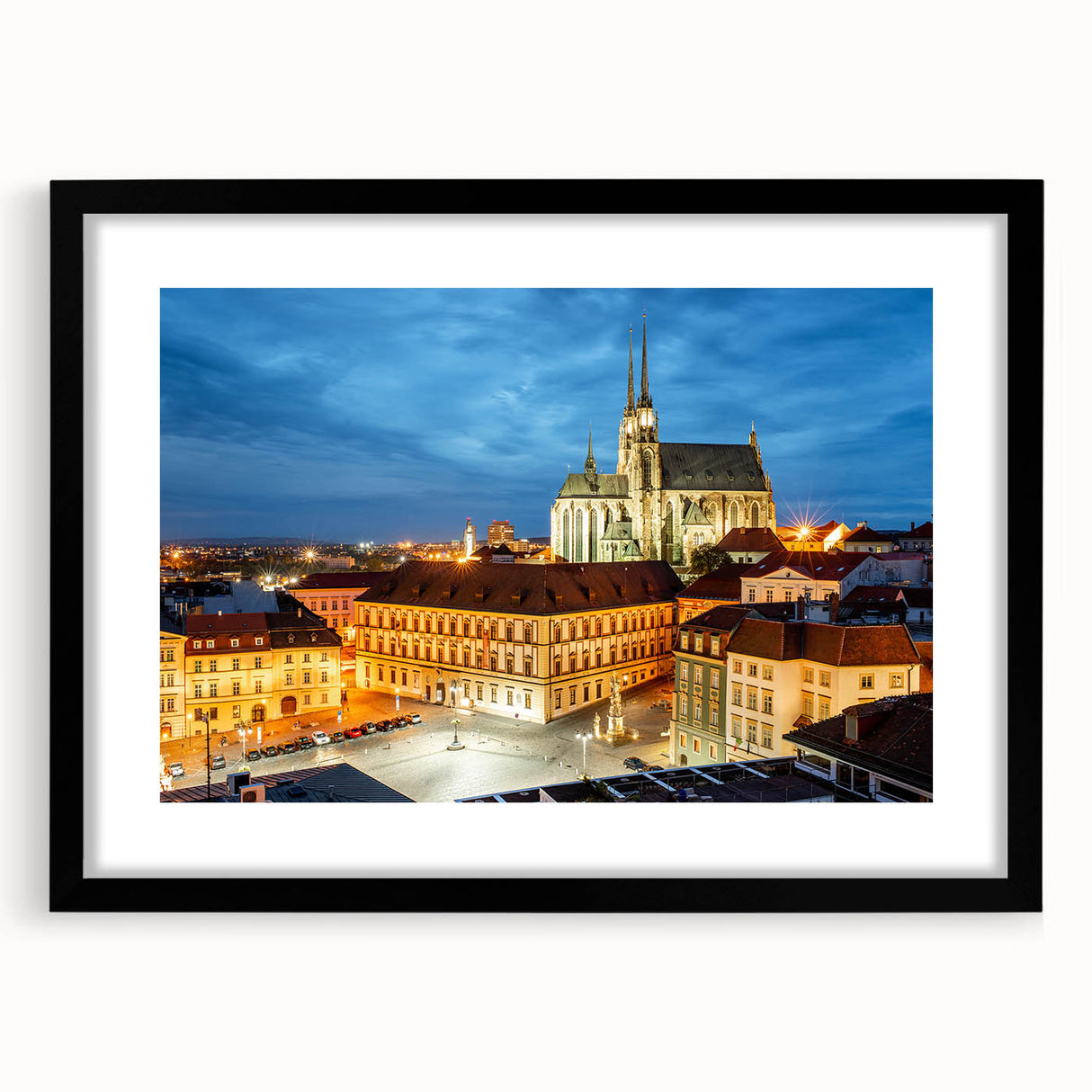 Extra large framed abstract art print featuring a colorful, textured depiction of a European scenery.