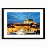 Extra large framed abstract art print featuring a colorful, textured depiction of a European scenery.