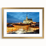 Abstract art print of a Czech Republic scenery in gold frame with mat, featuring muted earth tones.