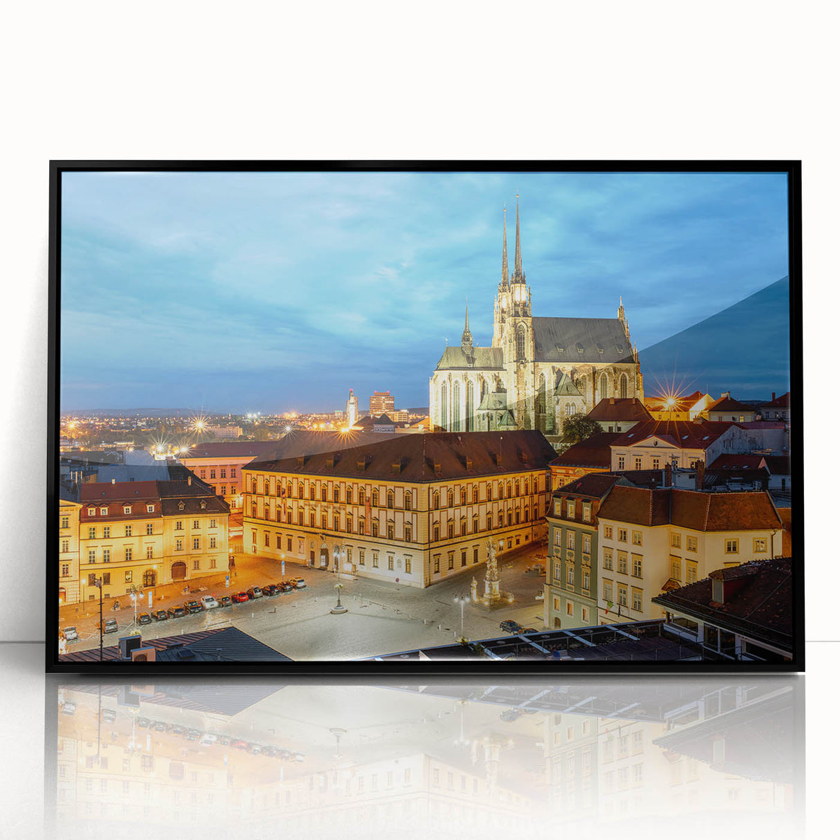 Large abstract wall art depicting a stylized Czech Republic scenery in black and white tones, acrylic framed.