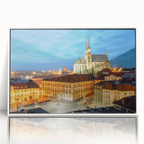 Mid-century modernist art depicting a scenic European landscape in muted green and blue tones on a framed acrylic print.