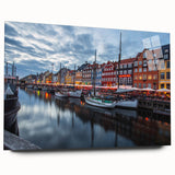 Large abstract wall art of a European Danish scenery in muted gray and blue tones on acrylic glass.