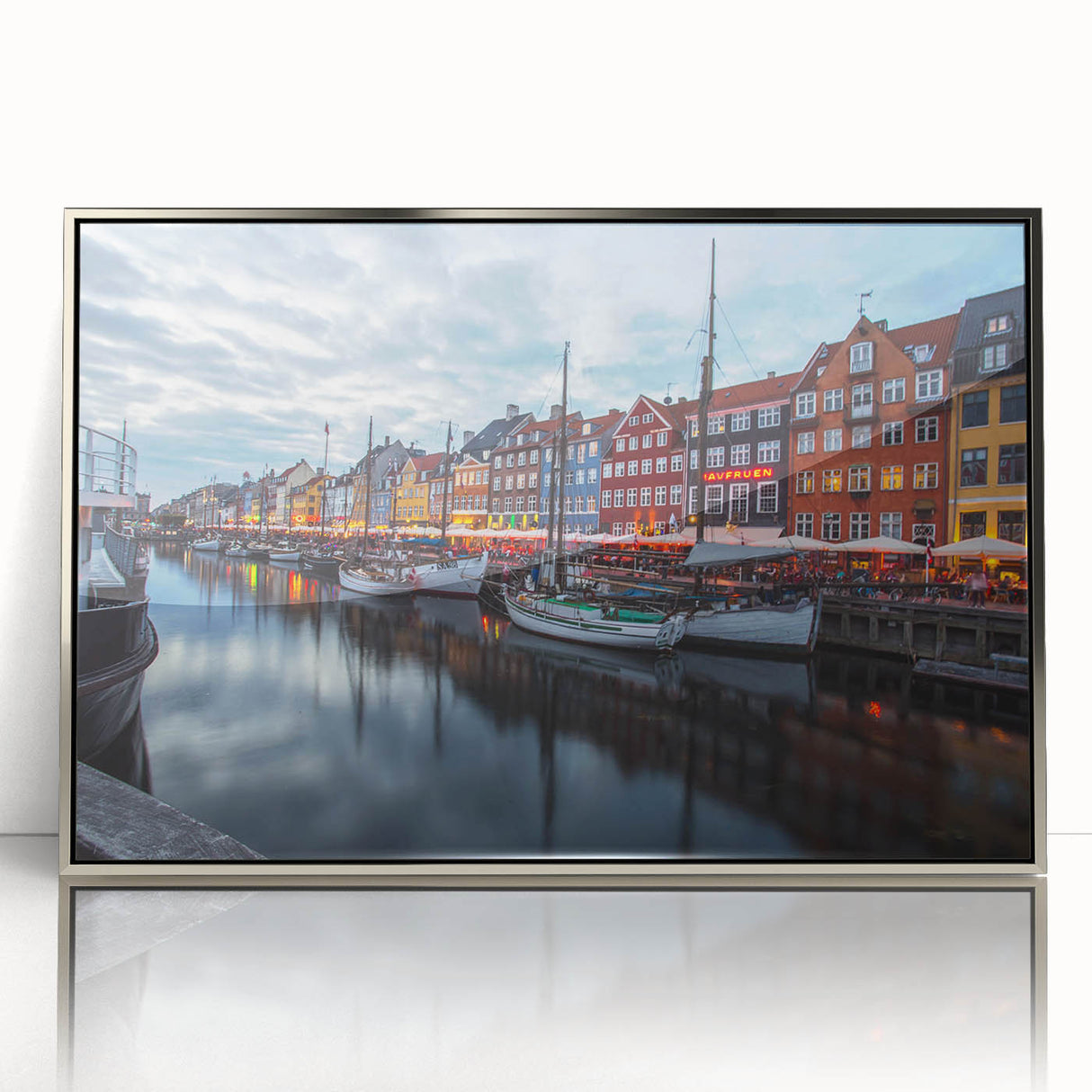 Large art print of a mid-century modernist European scenery in Denmark, in silver framed acrylic.