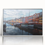 Mid-century modernist art depicting a serene Danish landscape in muted earth tones on a framed acrylic.