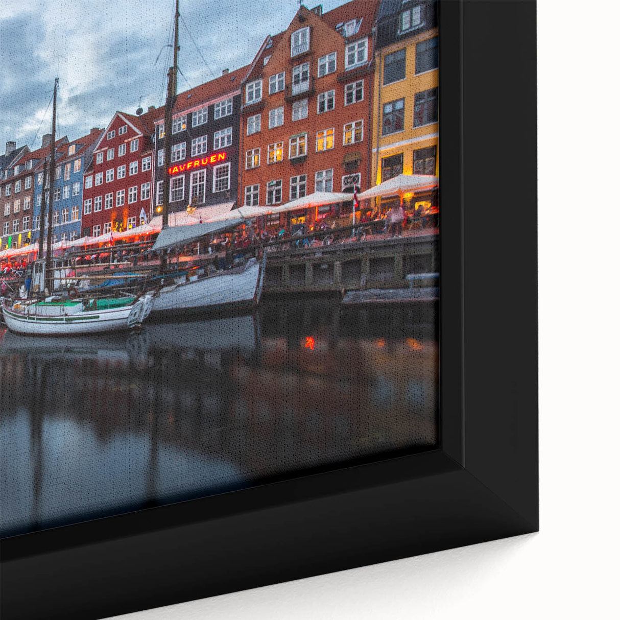 Extra large, textured black wall art featuring a colorful European scenery on framed canvas, ideal for living room decor.