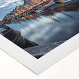 Art deco poster of a European cityscape in muted earth tones on rolled canvas, ideal for dining room decor.