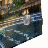 Mid-century modernist acrylic print of abstract European scenery in muted earth tones, ideal for dining room art.