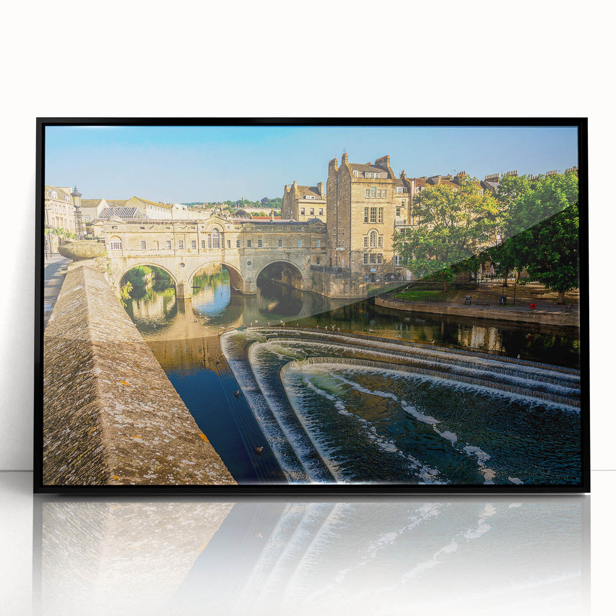Large abstract wall art depicting a European scenery in Bath, England in muted earth tones, framed in black acrylic.