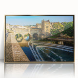 Art deco poster of Bath, England skyline in muted gold tones on a framed acrylic, ideal for modern art wall decor.