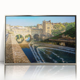 Large art print of Bath, England scenery in mid-century modernist style, framed in silver acrylic.