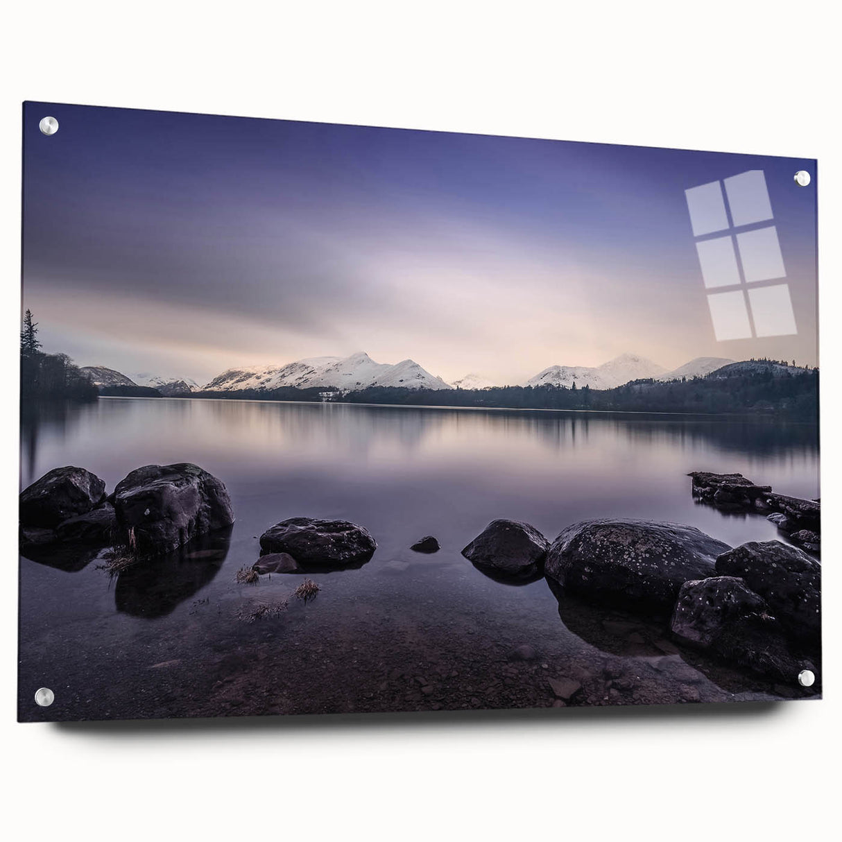 Acrylic print of a serene Cumbria landscape in muted green and blue tones, ideal for bedroom or dining room decor.