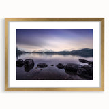 Abstract art print of Cumbria, England scenery in gold frame, featuring muted earth tones, ideal for dining room decor.