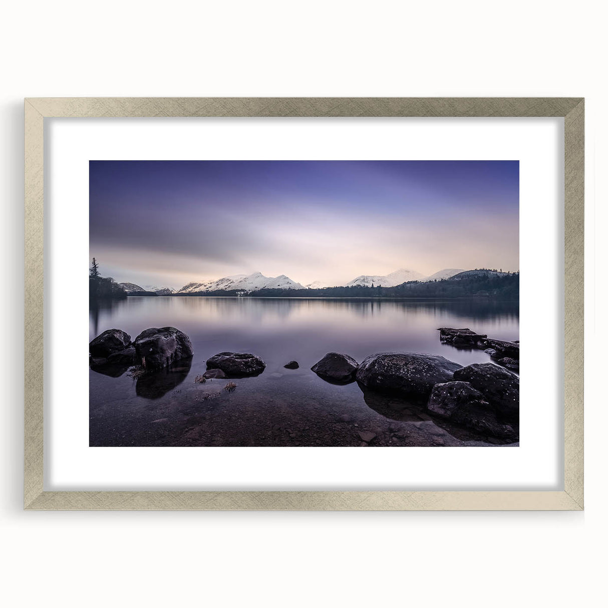 Extra large abstract art print of Cumbria, England, in muted earth tones on a textured canvas, framed in silver.