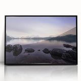 Large abstract wall art depicting a serene Cumbrian landscape in muted earth tones, framed in black acrylic.