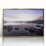 Art Deco poster featuring a scenic Cumbria landscape in muted greens and blues, acrylic print framed in gold.