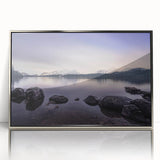 Framed acrylic print of a serene Cumbria landscape in muted green and blue tones, ideal for modern art wall decor.