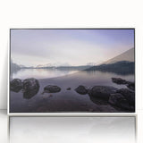 Mid-century modernist art of Cumbria landscape in muted colors on framed acrylic, ideal for nursery wall art.