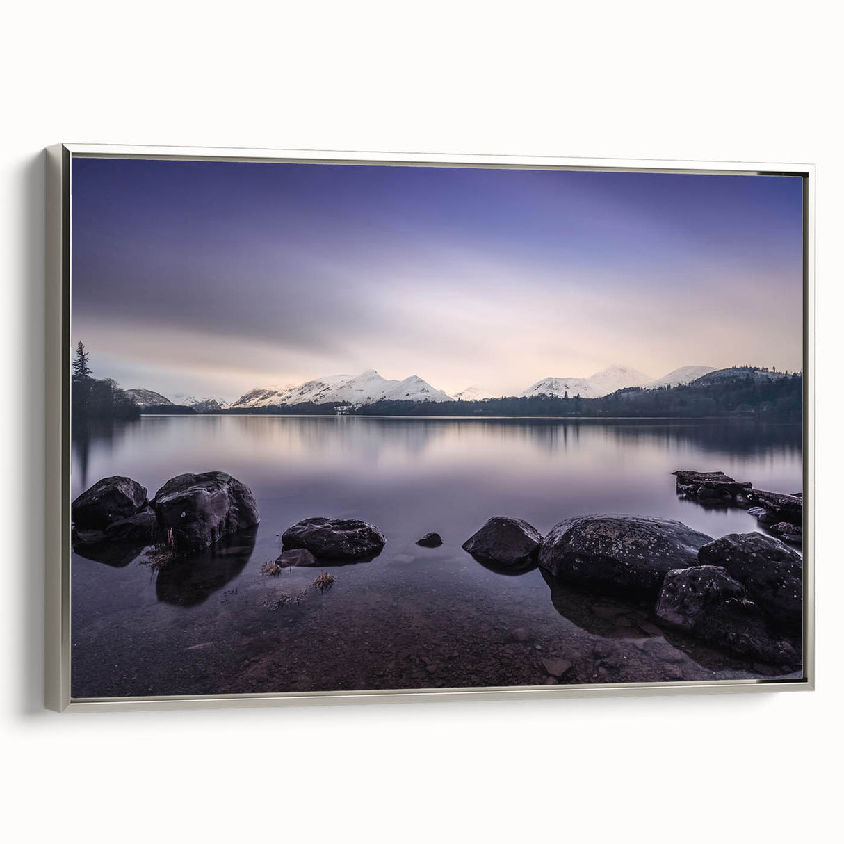 Landscape art painting of Cumbria, England on framed canvas, featuring muted green and blue tones.