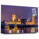 Acrylic print of a large abstract depiction of the London skyline, in muted gray and blue tones.