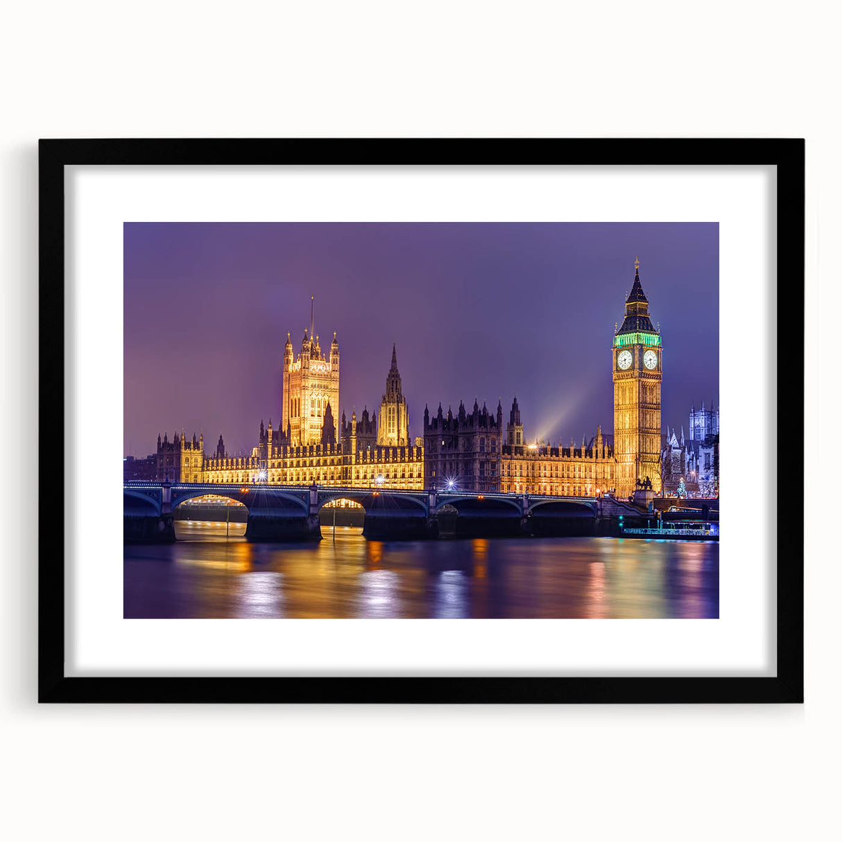 Abstract art print of a colorful London skyline, textured on a large black-framed canvas, ideal for living room decor.