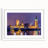 Textured art print of an abstract London skyline in muted gray and blue tones, framed with a white mat.