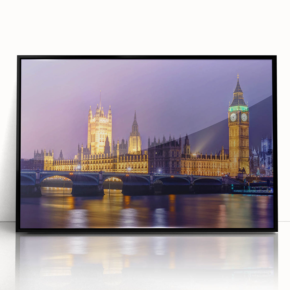 Large abstract wall art depicting a stylized London skyline in muted gray and blue tones, framed in black acrylic.