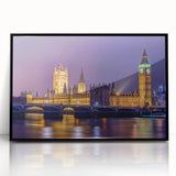 Large abstract wall art depicting a stylized London skyline in muted gray and blue tones, framed in black acrylic.