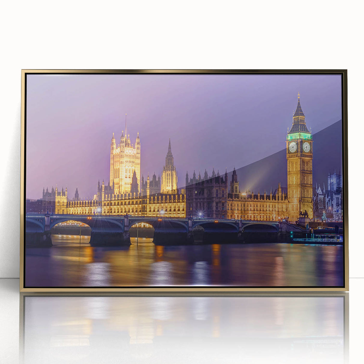 Art deco poster of London scenery featuring Big Ben in muted gold and black tones on acrylic.