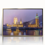 Art deco poster of London scenery featuring Big Ben in muted gold and black tones on acrylic.