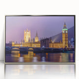 Large acrylic print of London scenery in monochrome, framed in silver, suitable for modern art wall decor.