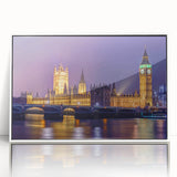 Mid-century modernist art depicting London skyline in muted gray and blue tones on a framed acrylic.