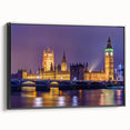 Black and white framed canvas of a vintage London landscape, ideal for bedroom wall decor.