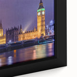 Extra large framed canvas featuring a textured London scenery in black with colorful art accents.