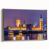 Framed canvas featuring a vintage-style London landscape in black and gold tones, ideal for bedroom wall art.