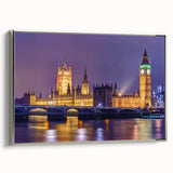 Landscape art painting of London on framed canvas, featuring a vintage poster style with colorful and black elements.