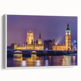 Vintage poster art of London scenery in colorful hues on a white-framed canvas, ideal for living room decor.